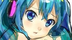 Headphones close-up faces blush long hair anime girls blue eyes 