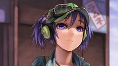 Headphones close-up hats faces blue hair anime girls blue eyes 