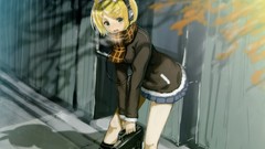 Headphones coat stockings blondes skirts scarfs blush smiling 