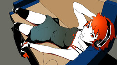 Headphones couch dress redheads