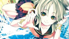 Headphones dress Jewelry white hair arrows bracelets smiling 