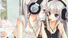 Headphones dress white hair red eyes blush long hair anime 