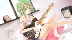 Headphones glasses guitars pillows anime girls green eyes short 