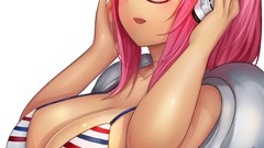 Headphones glasses white background hoodies pink hair long hair 