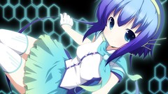 Headphones gloves stockings skirts blue hair smiling long hair 