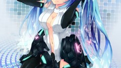 Headphones navel Arms drawings long hair anime girls closed 