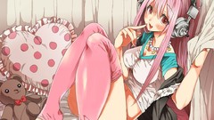 Headphones navel sitting pillows blush pink hair long hair pink 