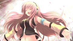Headphones navel skirts pink hair long hair anime girls closed 