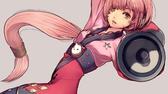 Headphones pink hair long hair anime girls speakers brown eyes 