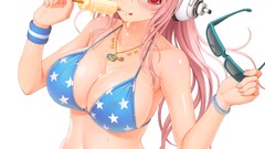 Headphones red eyes sunglasses bracelets pink hair long hair 