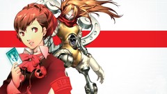 Headphones Robots Cards red eyes schoolgirls bows long hair 