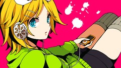 Headphones Shorts sitting bows blondes short hair vocaloid 