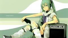 Headphones sitting instruments guitars long hair anime girls 