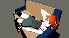 Headphones stockings couch redheads minimalistic white body