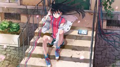 Headphones Tablets Shorts stairs ipad long hair anime girls 