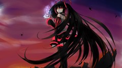 Headphones tears ruins red eyes tattoos skirts long hair anime 