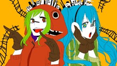 Headphones teeth yellow background matryoshka red eyes gloves 