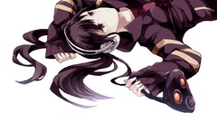 Headphones white background anime girls black hair lying down 