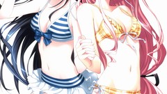 Headphones white background pink hair long hair anime girls 