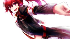 Headphones white background red eyes coat belts long hair anime 