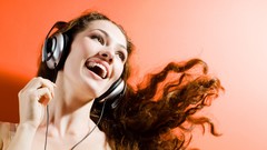 Headphones woman smiling curly
