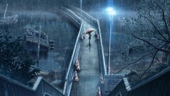 high angle stairs rain artwork street light night anime girls