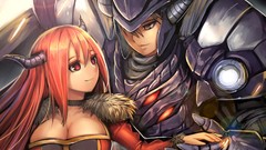 Horns armor red eyes smiling anime girls redheads cleavage 