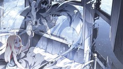 Horns beds bedroom skeletons blondes anime girls indoors yellow 