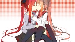 Horns kissing long hair anime girls closed eyes school uniforms 