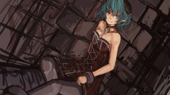 Horns knot anime girls short hair pantyhose yellow eyes green 