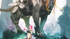 Horns pink hair anime girls artwork long ears manticore
