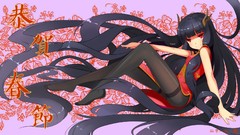 Horns red eyes long hair anime girls pantyhose black hair 