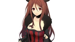 Horns red eyes smiling long hair redheads cleavage Simple 