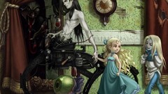 Horror mechanical clocks curtains holding hands digital art 