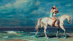 Horses couple paintings Beaches shore horseback riding