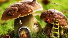 Houses mushrooms macro ladybirds