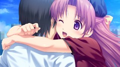 Hugging pink hair anime girls game cg purple eyes koutaro 