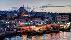 Istanbul Turkey City boat cityscape crowds mosque lights coast