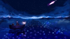 Jellyfish Boats Anime reflections lanterns night sky shooting 