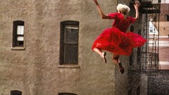 Jump woman red dress blondes free fall Deyn