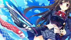 Katana armor Swords long hair anime girls brunettes school 