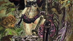 Katana Dinosaurs gloves guitars blondes tattoos anime girls 