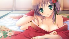 Kimono blush green eyes indoors brunettes flower in hair 