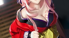 Kimono bows tattoos pink hair long hair anime girls blue eyes 