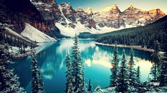 Lake forest moraine lake Mountains Canada pine trees valley snow
