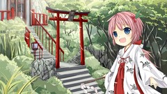 Landscapes cherries Temples anime girls Japanese clothes Cherry 