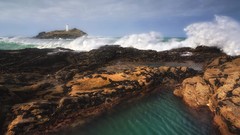 Landscapes clouds England rocks waves Cornwall lighthouses