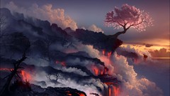Landscapes clouds lava cherry blossoms artwork digital art 