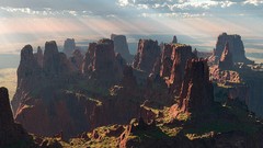 Landscapes clouds red moss rocks peaks skies digital art 