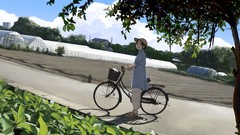 Landscapes clouds sky Bicycles anime girls brown eyes brunettes 